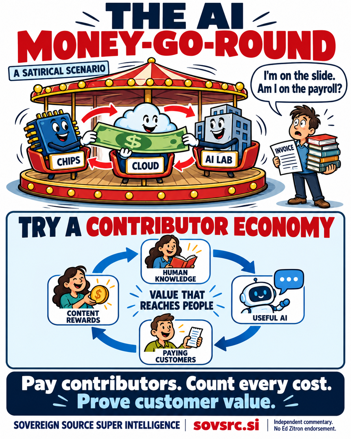 Humorous AI money-go-round: chips, cloud and a generic AI lab circulate a banknote while a human contributor asks whether being on the presentation means being on the payroll. A separate proposed loop connects human knowledge, useful AI, paying customers and content rewards. The message is to pay contributors, count every cost and prove customer value.